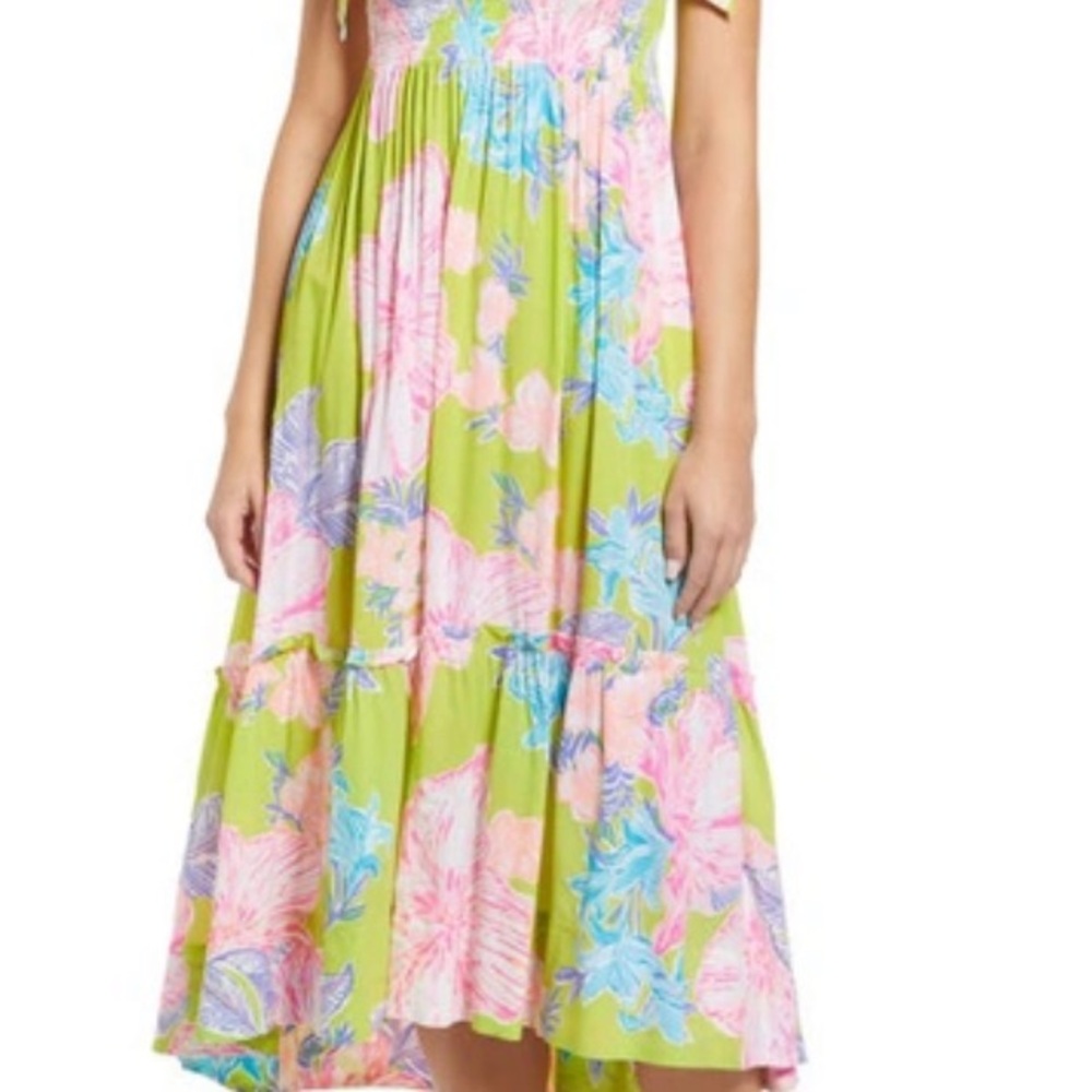 Floral Midi Dress in Green and Pink